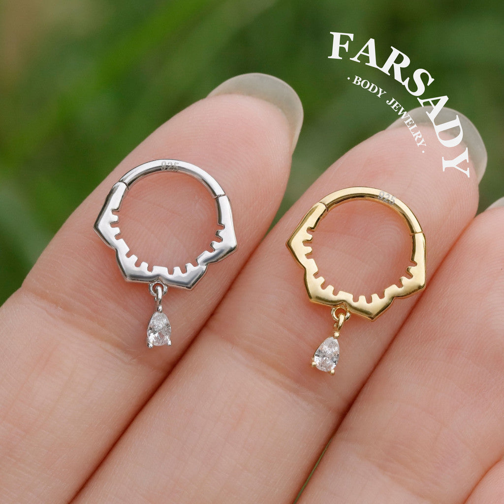 Sterling Silver  Dangle Flower Septum Ring/ Moissanite Septum Piercing Jewelry/ 16G Daith Hoop Earring/8mm Helix Tragus Cartilage Hoop Earring