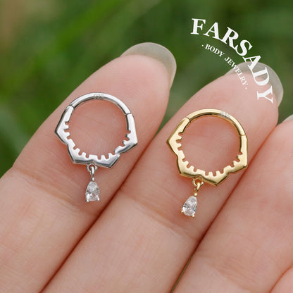 Sterling Silver  Dangle Flower Septum Ring/ Moissanite Septum Piercing Jewelry/ 16G Daith Hoop Earring/8mm Helix Tragus Cartilage Hoop Earring