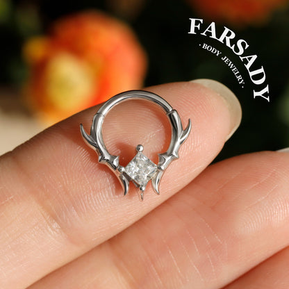 925 Sterling Silver Thorn Septum Clicker, 16G Princess Cut CZ Septum Ring, Gothic Daith Earring, Punk Nose Hoop, Silver & Gold Jewelry