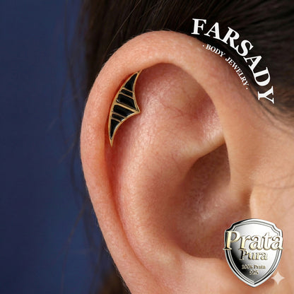 Sterling Silver Lunar Eclipse Threadless Flat Back Stud, Black Enamel Cartilage Earring for Helix, Tragus, Conch, Daith, Rook, Lobe Piercing Jewelry, Hypoallergenic Piercing Gift