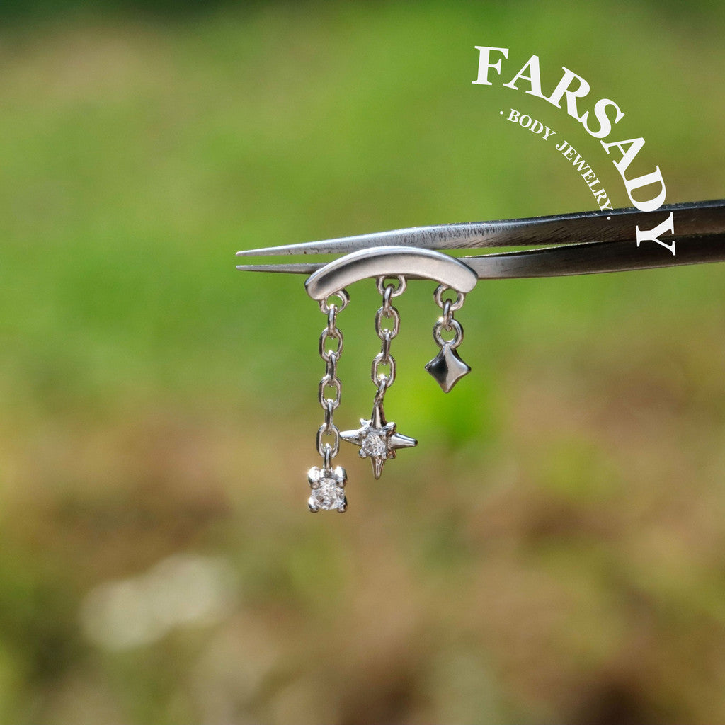 Designed for vertical helix piercings/ 925 Silver Helix Chain Earring 18K Plated/ Star Dangle Earring/ Threadless Push In Hidden Rook Stud