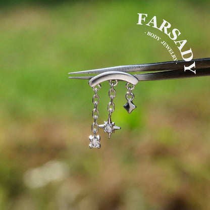 Designed for vertical helix piercings/ 925 Silver Helix Chain Earring 18K Plated/ Star Dangle Earring/ Threadless Push In Hidden Rook Stud