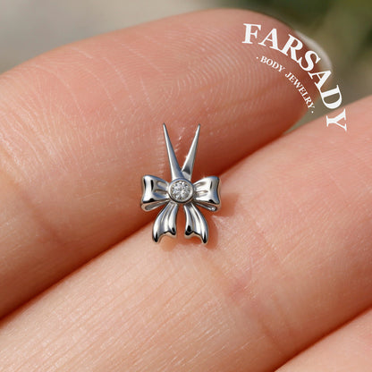 Rebel Ribbon Threadless Push In Tragus Stud, Sterling Silver Cartilage Stud, Flat Back Titanium Post, Design Flower Helix/ Lobe/ Lip Earring