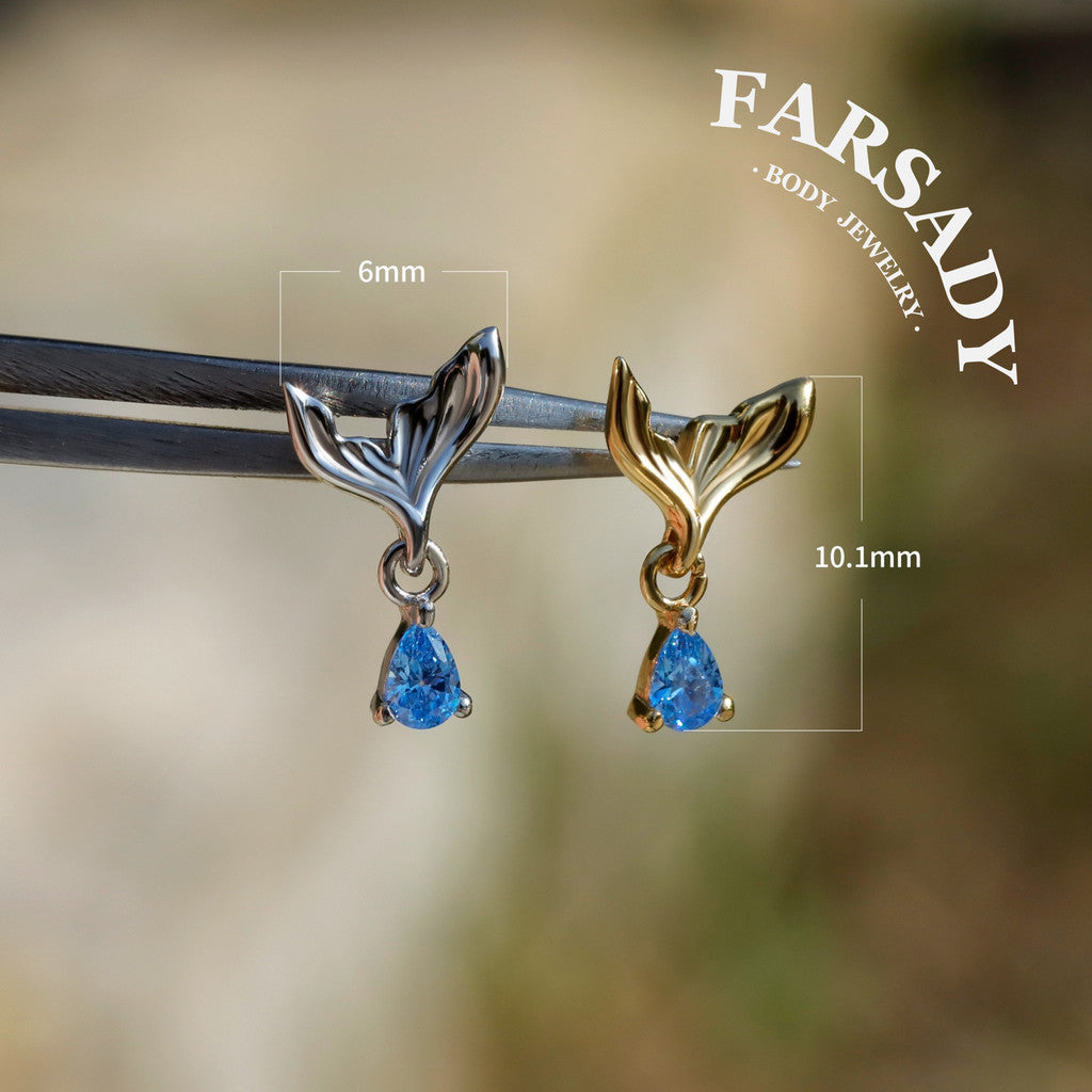 Mermaid Tail Flat Helix Dangle Stud: Blue Gem Tragus Helix Lobe Threadless Push In Cartilage Earring, 925 Silver Plated 18k Gold,Nickle-Free