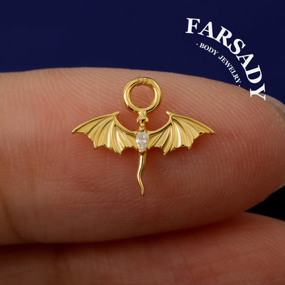 Fly Dragon White CZ Drop Hoop Earring Charm in Sterling Silver, Lobe/ Helix/ Rook Conch Hoop Charm, Belly Ring Dangle, Customize your style