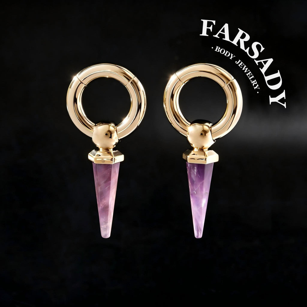 Amethyst Drop - 316L Magnetic Hinged Ear Weights / Fits 4G 2G Stretched Ear Lobes Tunnels Plugs