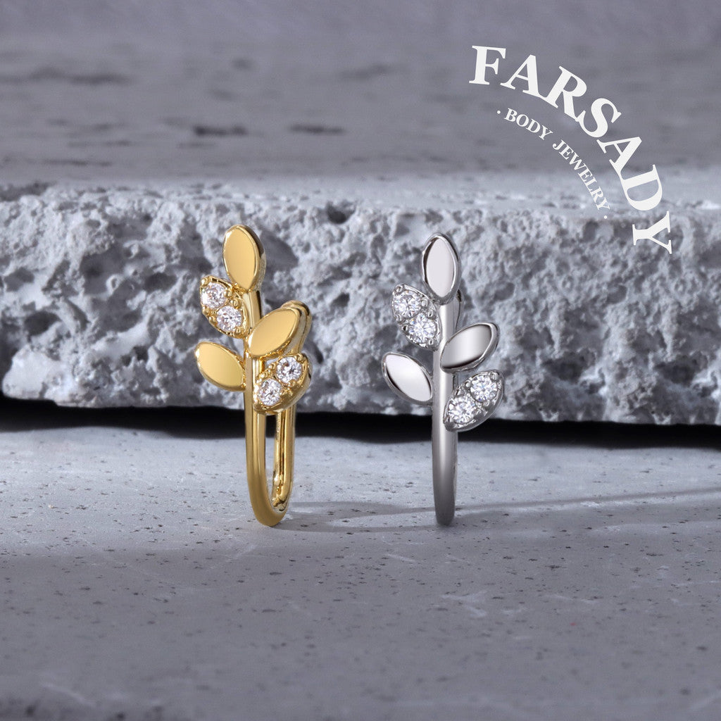 Silver Leaf Sprig - 925 Silver Fake Nose Ring / Fit Non-Pierced Nose Ring