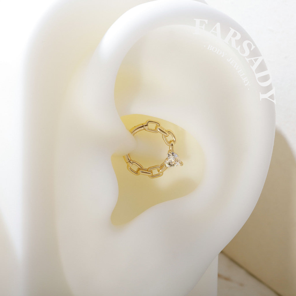 Chain Heartlock - Solid 14K Gold Hinged Clicker Hoop / Fits 16G Septum Ring Helix Conch Cartilage Earring