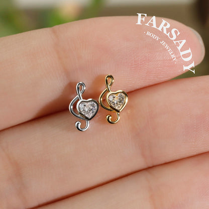Melody Heart - 925 Silver Threadless Stud / Fits Cartilage Helix Tragus Lobe Nostril Piercing