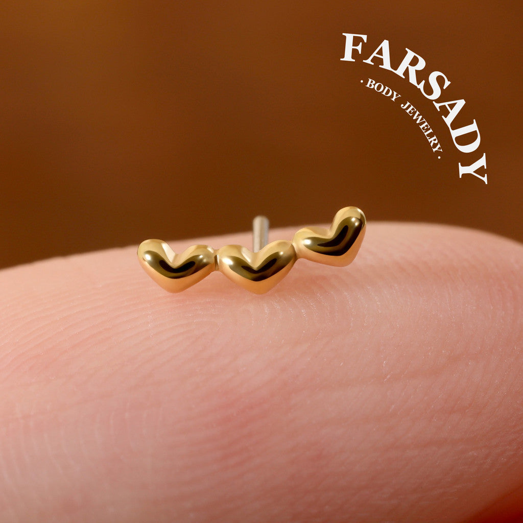 Triple Hearts - 925 Silver Threadless Stud / Fits Cartilage Helix Tragus Lobe Nostril Piercing