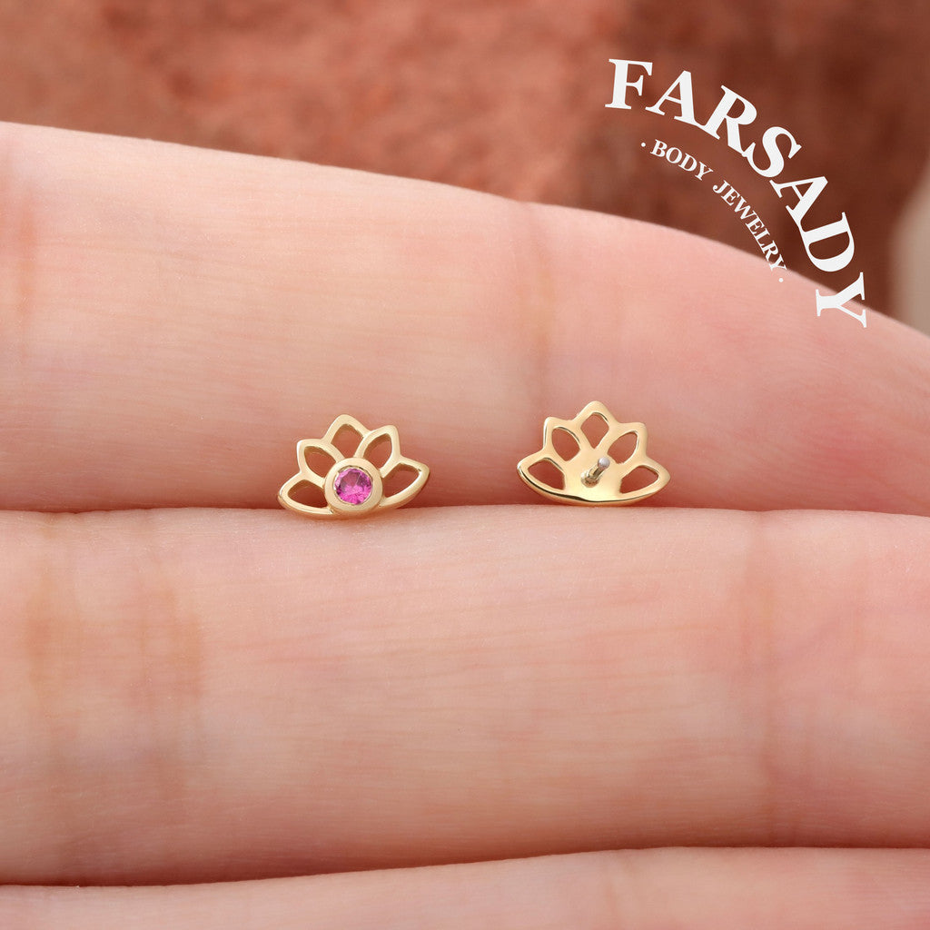 Crimson Lotus - Solid 14K Gold Threadless Stud / Fits Cartilage Helix Tragus Lobe Nostril Piercing