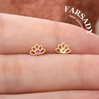 Crimson Lotus - Solid 14K Gold Threadless Stud / Fits Cartilage Helix Tragus Lobe Nostril Piercing