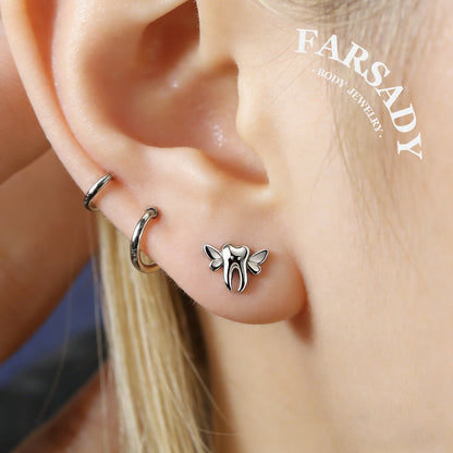 Tooth Wing - 925 Silver Threadless Stud / Fits Cartilage Helix Tragus Lobe Earring