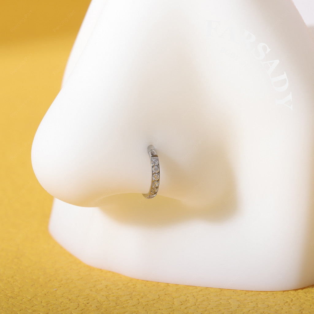 18G Titanium Hinged Nose Ring, 5A Synthetic CZ Fully Paved, Hypoallergenic Piercing Jewelry, Wedding Daily Wear, Helix Conch Ring 6/8/10/12mm