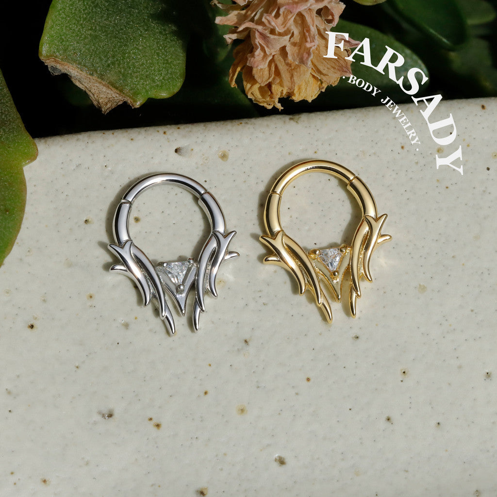 16G Thron Theme Septum Ring with Triangle Stone: Original Design Daith Earring Hoop, 8/10mm Hinged Septum Clicker, 316L Steel Nose Ring Hoop