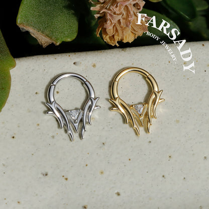 16G Thron Theme Septum Ring with Triangle Stone: Original Design Daith Earring Hoop, 8/10mm Hinged Septum Clicker, 316L Steel Nose Ring Hoop