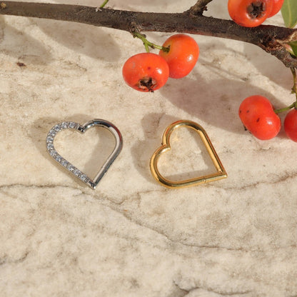 16G Titanium Heart CZ Daith Earring, 8mm Silver Helix Hoop Earring, Gold Cartilage Ring Clicker, Hinged  Left Right Ear Piercing