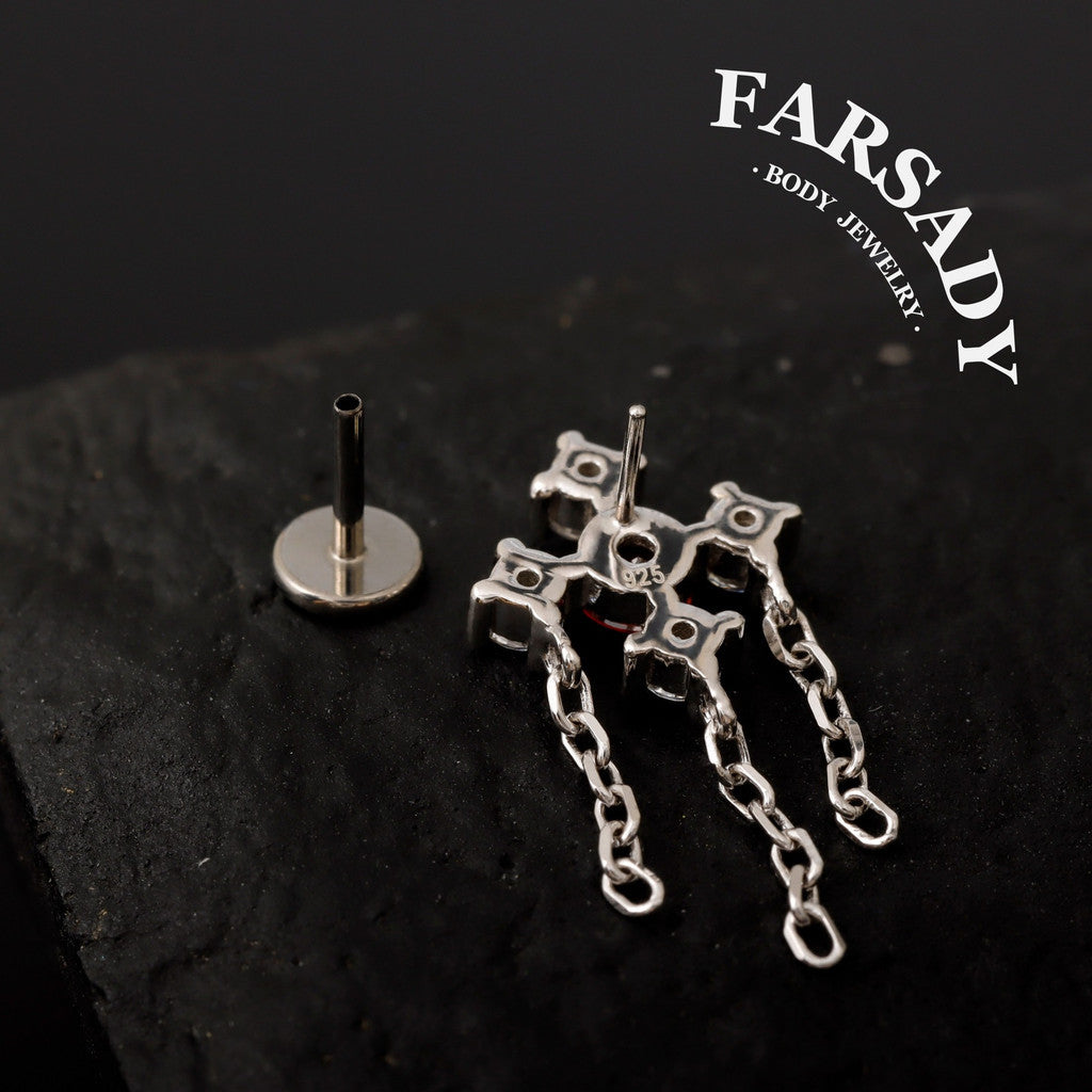 Dangle Helix Earring Flat Back,Red CZ Threadless Push In Stud,Tragus Lobe Conch Cartilage Jewelry Sterling Silver Plated 18K Gold, 16/18/20G