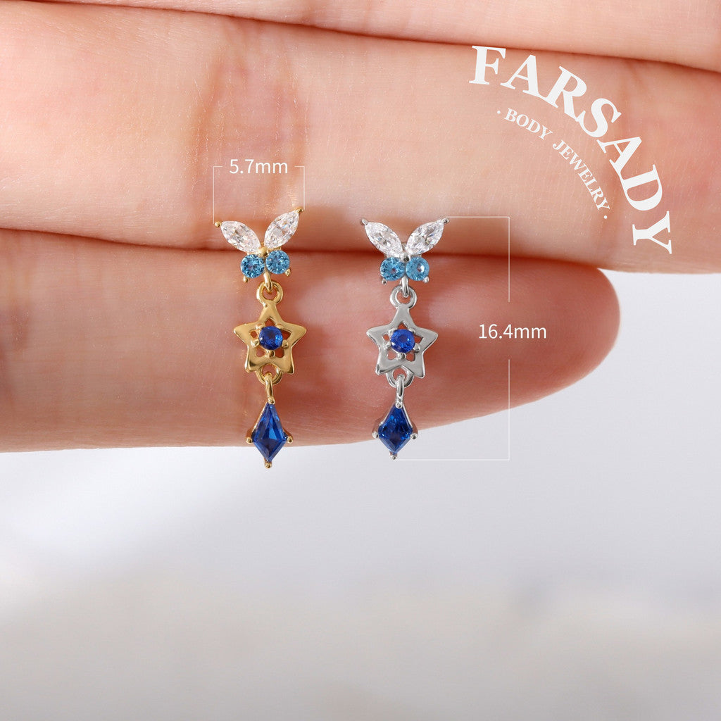 Sterling Silver Dangle Butterfly Threadless Push Pin • 925 Silver Star Shaped Cartilage Push Back Stud • Helix Flat Back Earlobe Piercing