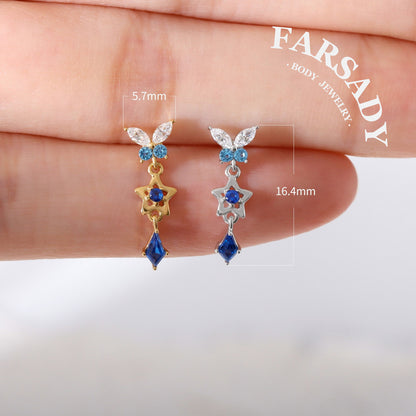 Sterling Silver Dangle Butterfly Threadless Push Pin • 925 Silver Star Shaped Cartilage Push Back Stud • Helix Flat Back Earlobe Piercing