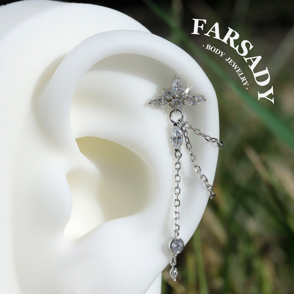 Petal Chain - 925 Silver Threadless Stud / Fits Cartilage Helix Tragus Lobe Earring