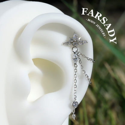 Petal Chain - 925 Silver Threadless Stud / Fits Cartilage Helix Tragus Lobe Earring