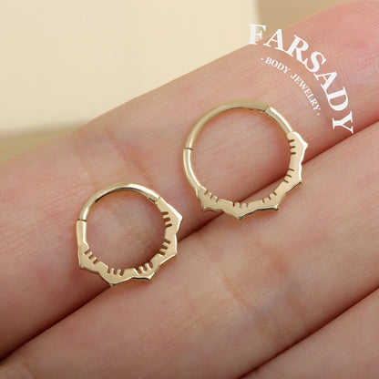 Floral Edge - Solid 14K Gold Hinged Clicker Hoop / Fits 16G Septum Ring Helix Conch Cartilage Earring