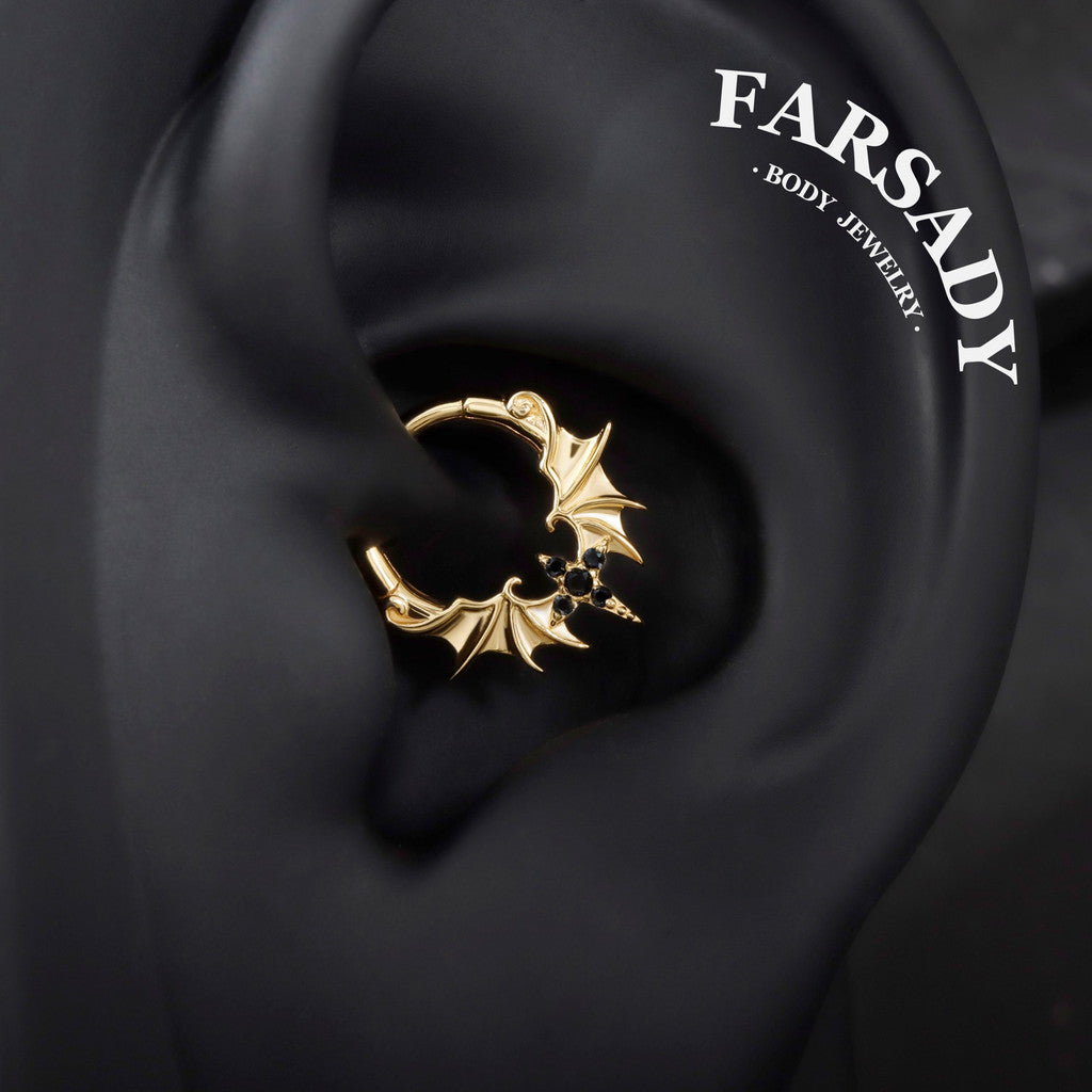 Obsidian Wing - 925 Silver CZ Hinged Clicker Hoop / Fits 16G Septum Ring Helix Conch Daith Earring