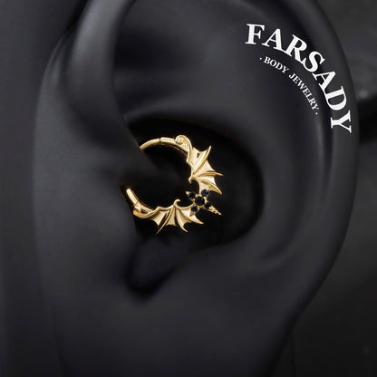 Obsidian Wing - 925 Silver CZ Hinged Clicker Hoop / Fits 16G Septum Ring Helix Conch Daith Earring