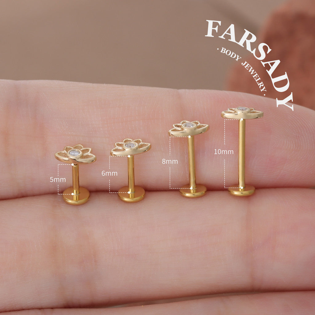 Lotus Radiance - Solid 14K Gold Threadless Stud / Fits Cartilage Helix Tragus Lobe Nostril Piercing