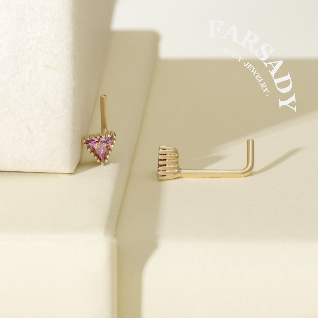 Minimal Triangle Amethyst CZ - Solid 14K Gold L-Shape Stud / Fit 20G Nostril Piercing