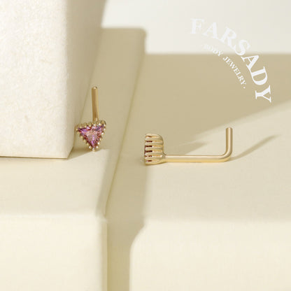 Minimal Triangle Amethyst CZ - Solid 14K Gold L-Shape Stud / Fit 20G Nostril Piercing