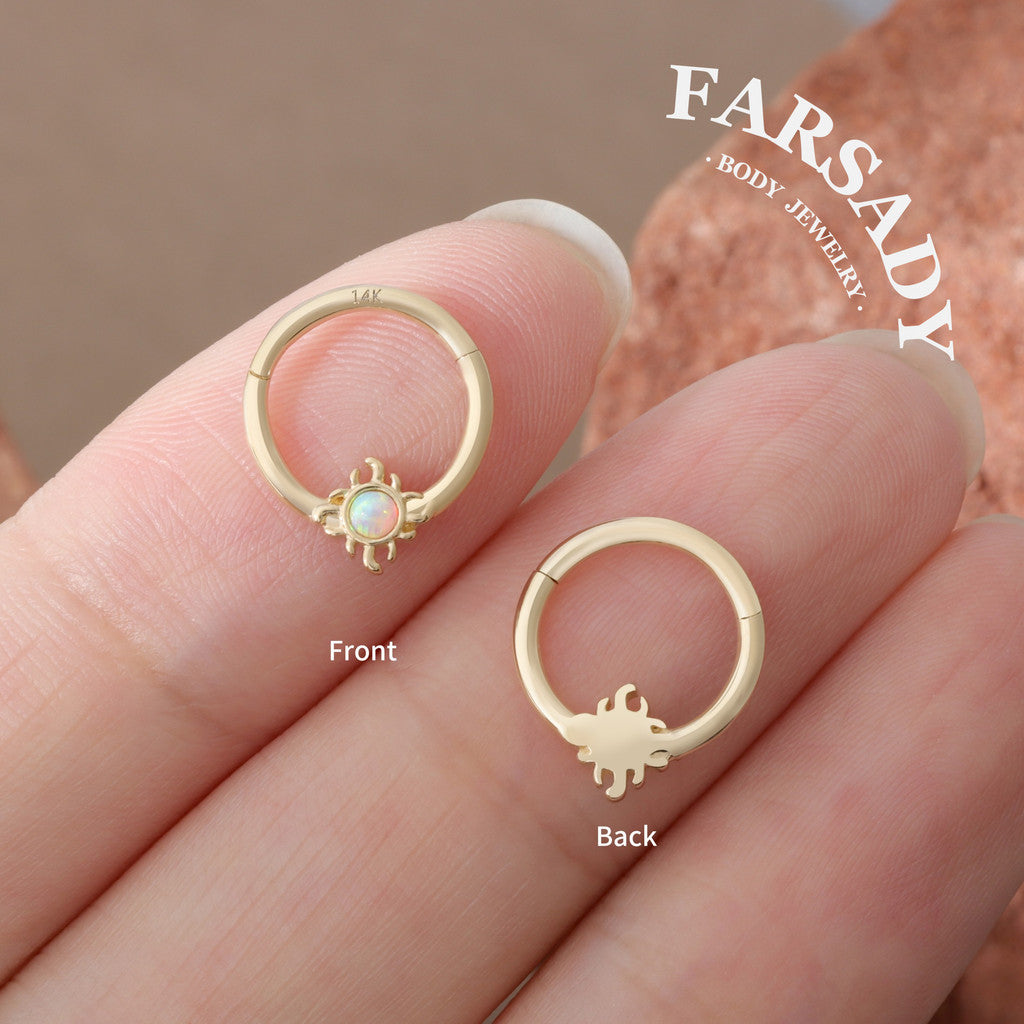 Opal Suncore - Solid 14K Gold Hinged Clicker Hoop / Fits 16G Septum Ring Helix Conch Cartilage Earring
