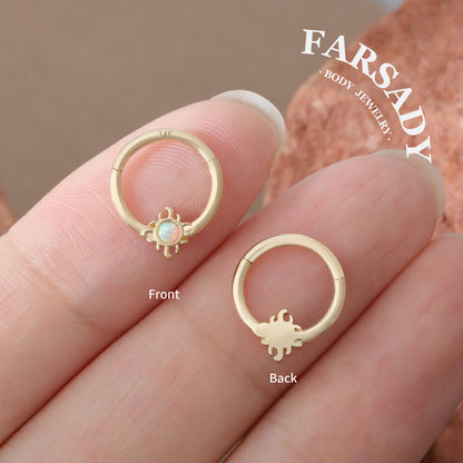 Opal Suncore - Solid 14K Gold Hinged Clicker Hoop / Fits 16G Septum Ring Helix Conch Cartilage Earring