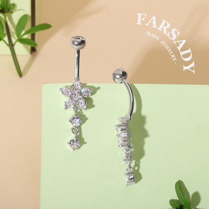 Snowflake Dew Trail - 925 Silver Clear CZ Belly Button Ring / Fits 14G Navel Piercing
