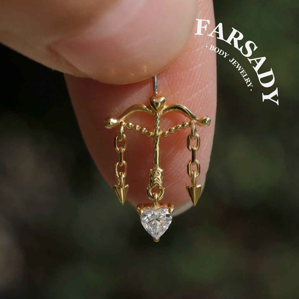 Cupid’s Arrow Heart Dangle Vertical Helix Earring: 18K Gold Pltated 925 Silver Threadless Push In Cartilage Stud, Chain Hidden Rook Piercing