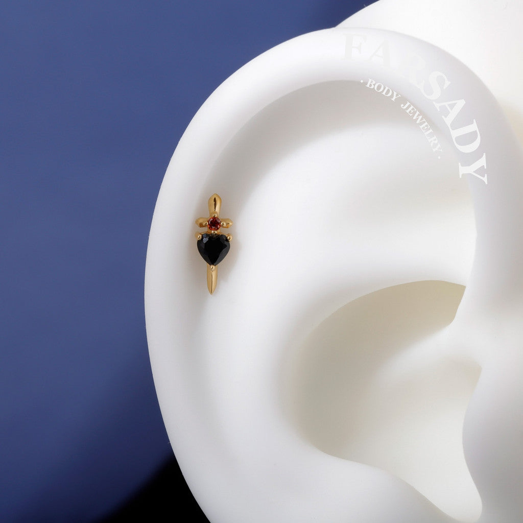 Black Dagger Heart Push In Helix Stud