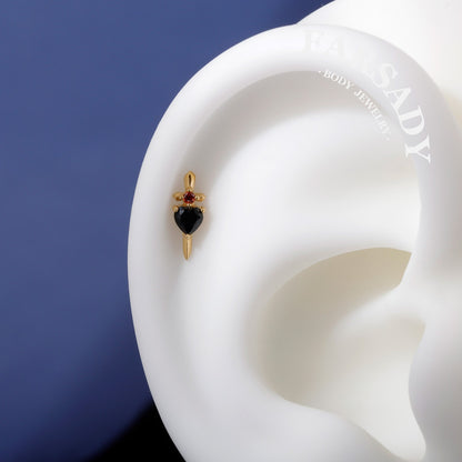 Black Dagger Heart Push In Helix Stud