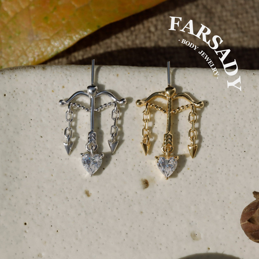 Cupid’s Arrow Heart Dangle Vertical Helix Earring: 18K Gold Pltated 925 Silver Threadless Push In Cartilage Stud, Chain Hidden Rook Piercing