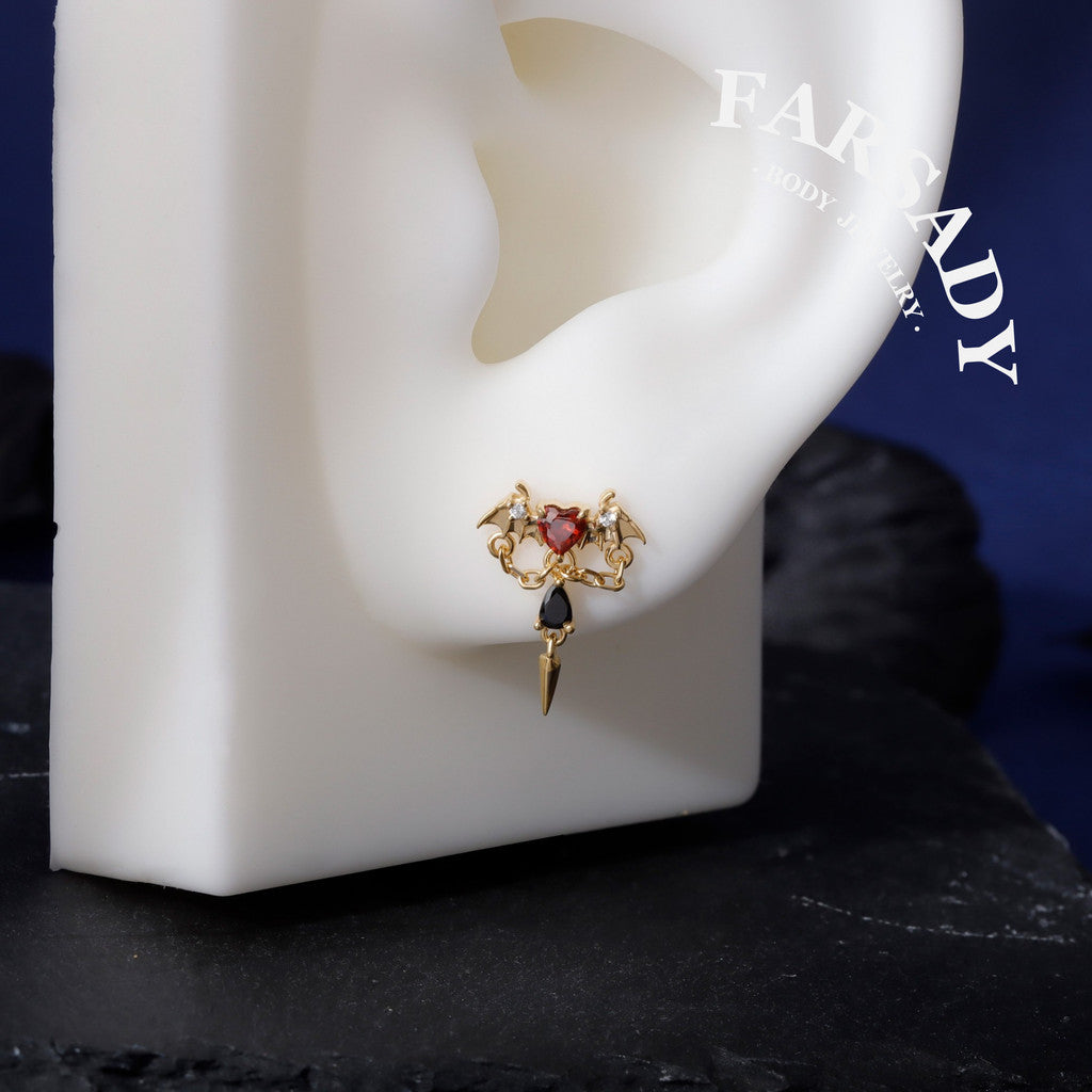 Vampire heart Threadless Push In Helix Earring Dangle| 18K Gold Plated Sterling Silver Flat Back Labret| Tragus Helix Conch Stud, Nose Stud