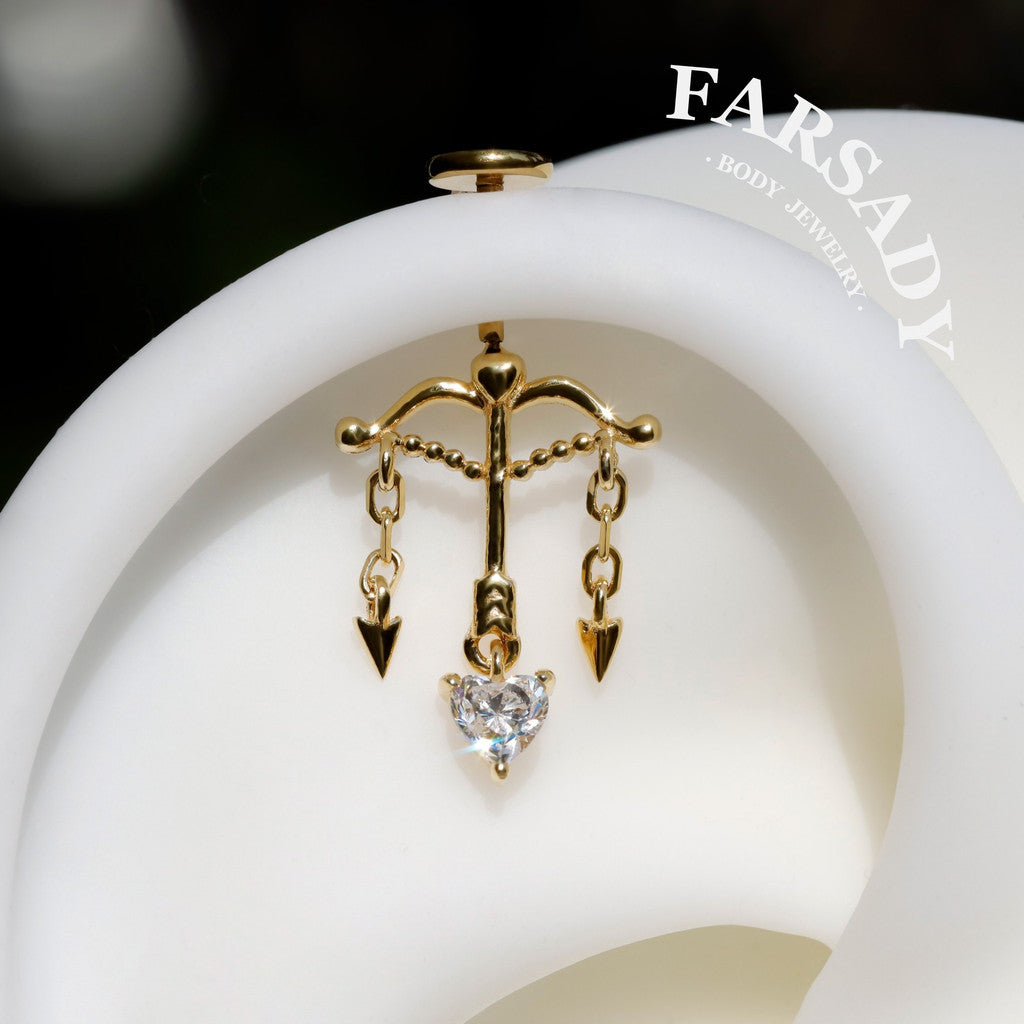 Cupid’s Arrow Heart Dangle Vertical Helix Earring: 18K Gold Pltated 925 Silver Threadless Push In Cartilage Stud, Chain Hidden Rook Piercing