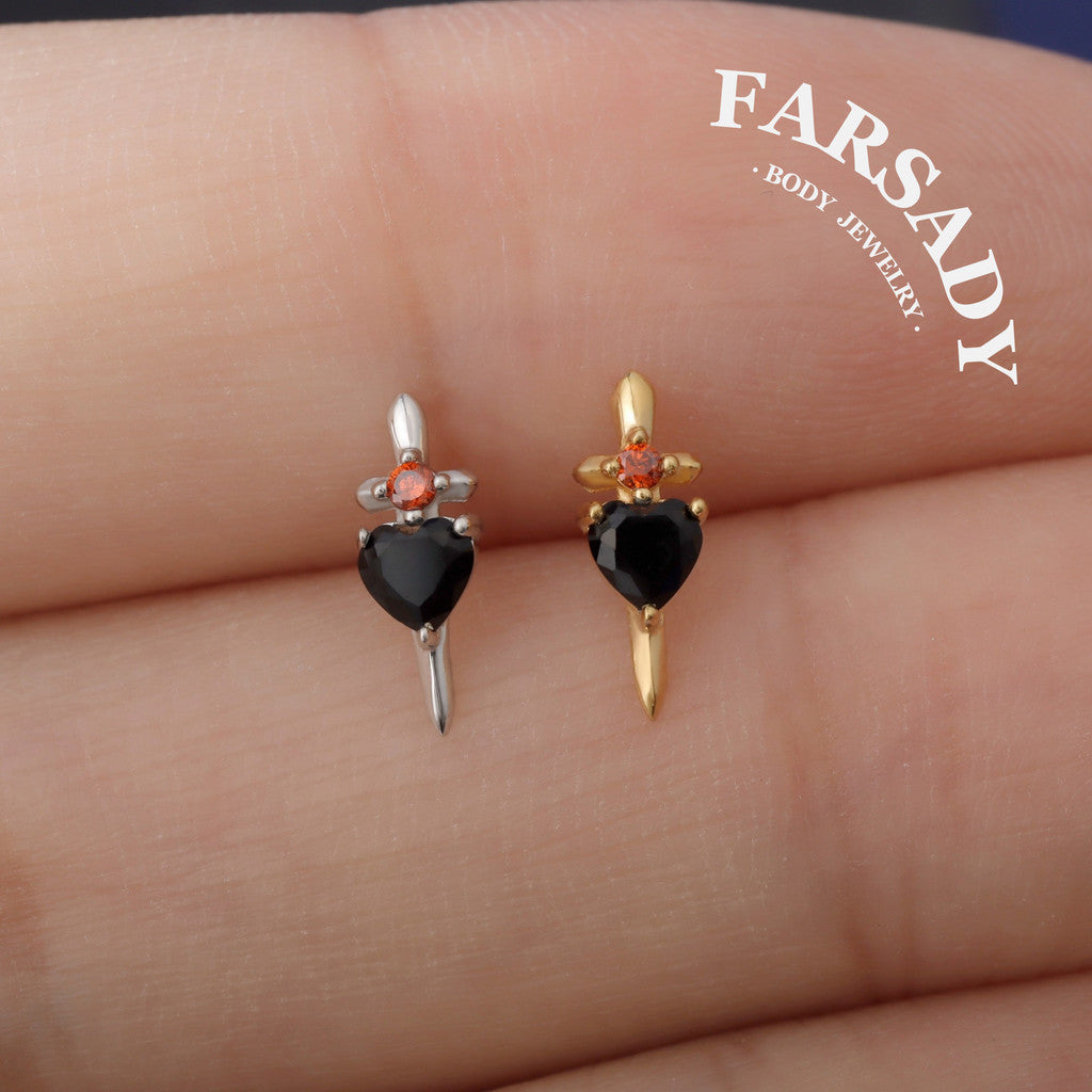 Black Dagger Heart Push In Helix Stud