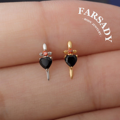 Black Dagger Heart Push In Helix Stud
