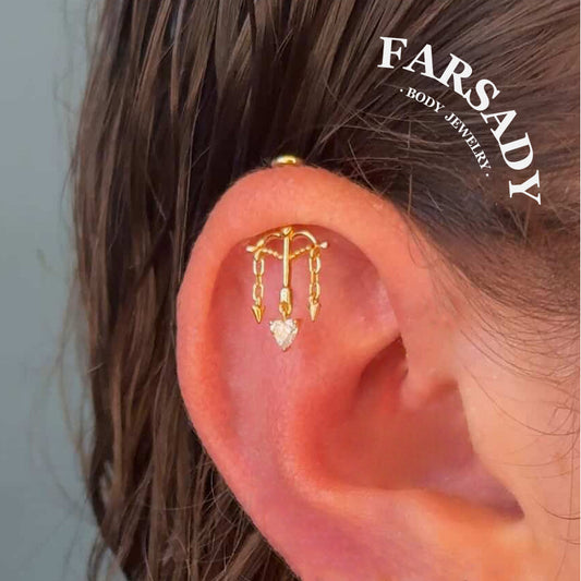 Cupid’s Arrow Heart Dangle Vertical Helix Earring: 18K Gold Pltated 925 Silver Threadless Push In Cartilage Stud, Chain Hidden Rook Piercing