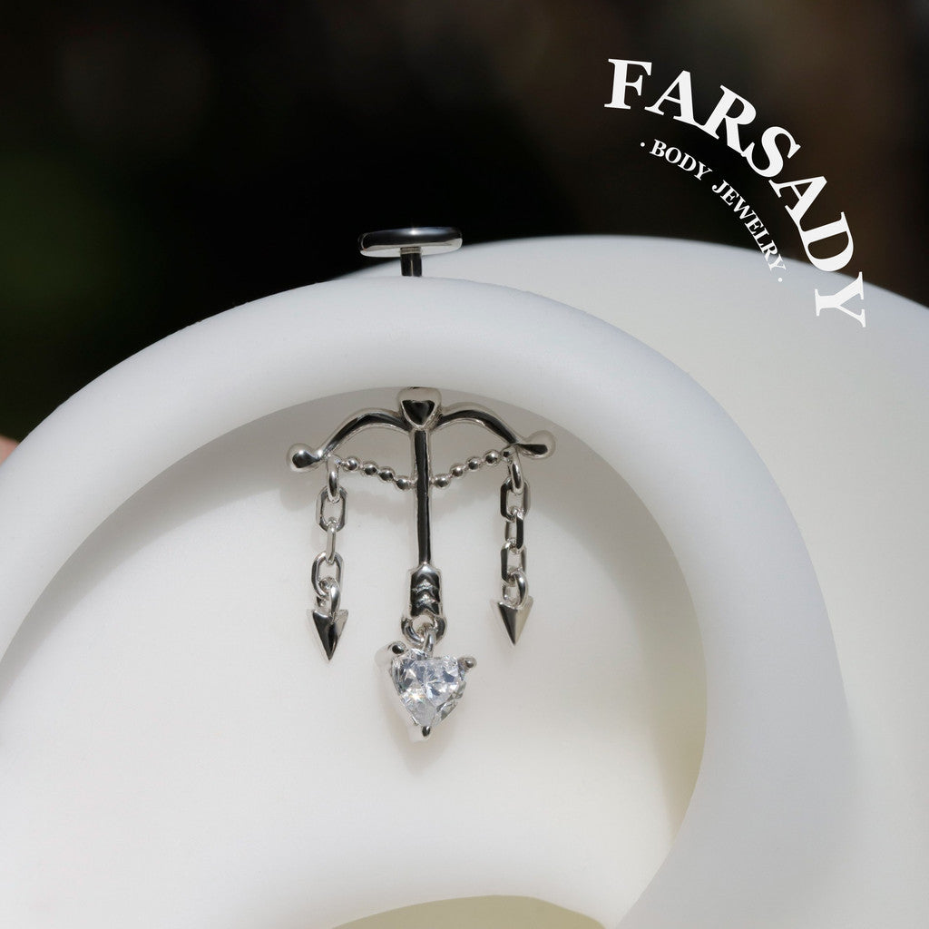 Cupid’s Arrow Heart Dangle Vertical Helix Earring: 18K Gold Pltated 925 Silver Threadless Push In Cartilage Stud, Chain Hidden Rook Piercing
