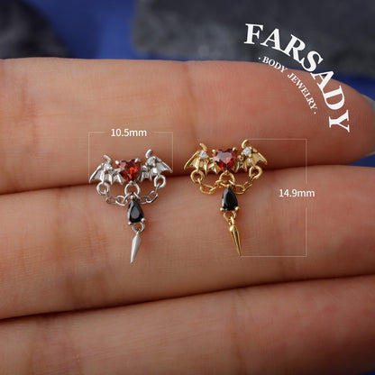 Vampire heart Threadless Push In Helix Earring Dangle| 18K Gold Plated Sterling Silver Flat Back Labret| Tragus Helix Conch Stud, Nose Stud