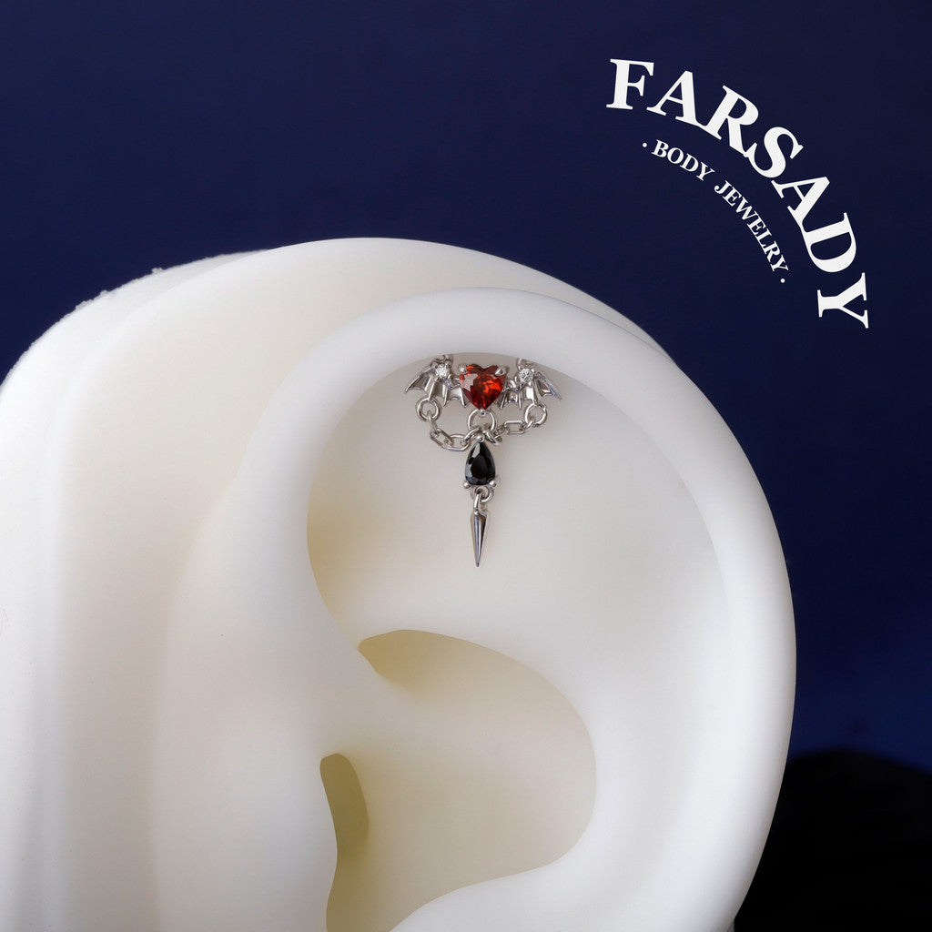 Vampire heart Threadless Push In Helix Earring Dangle| 18K Gold Plated Sterling Silver Flat Back Labret| Tragus Helix Conch Stud, Nose Stud