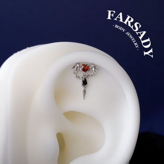 Vampire heart Threadless Push In Helix Earring Dangle| 18K Gold Plated Sterling Silver Flat Back Labret| Tragus Helix Conch Stud, Nose Stud