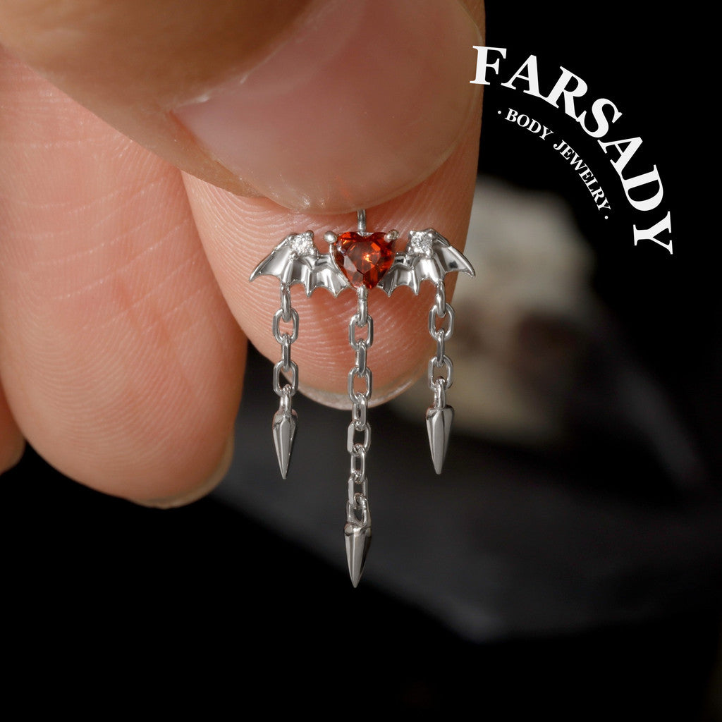 Red Heart Bat Wings Spike Chain Dangle Threadless Push In Stud