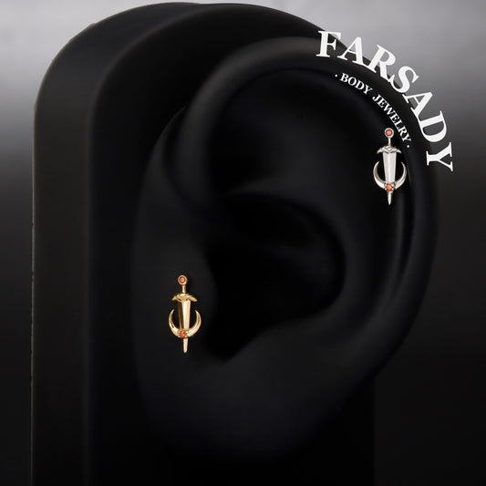 Silvery Moon Sword Threadless Tragus Stud